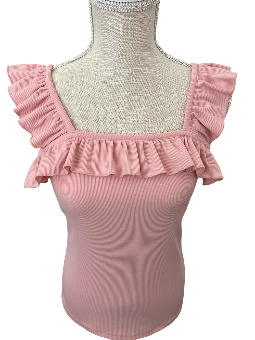 Ruffled Square Neck Pink Women’s Tank Top